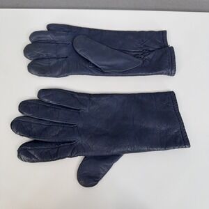Vintage Gloves Womens Large Blue Leather Lined Warm Winter Driving Knit Lining